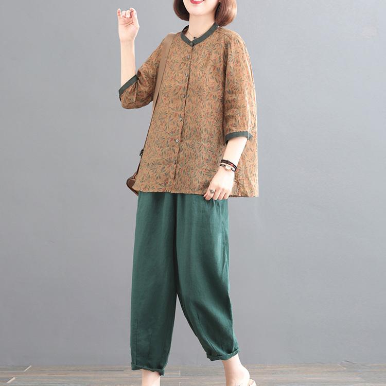 Тонкий печатный литературный ретро-модный модный летний костюм из двух частей Ramie для женщин