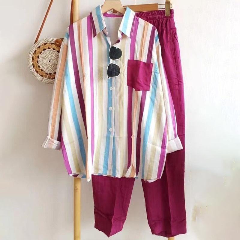 Women'sSummer Fashion Shirt Suit Loose Slim Comfortable Casual Striped Two-piece Set 2 Piece Set Women