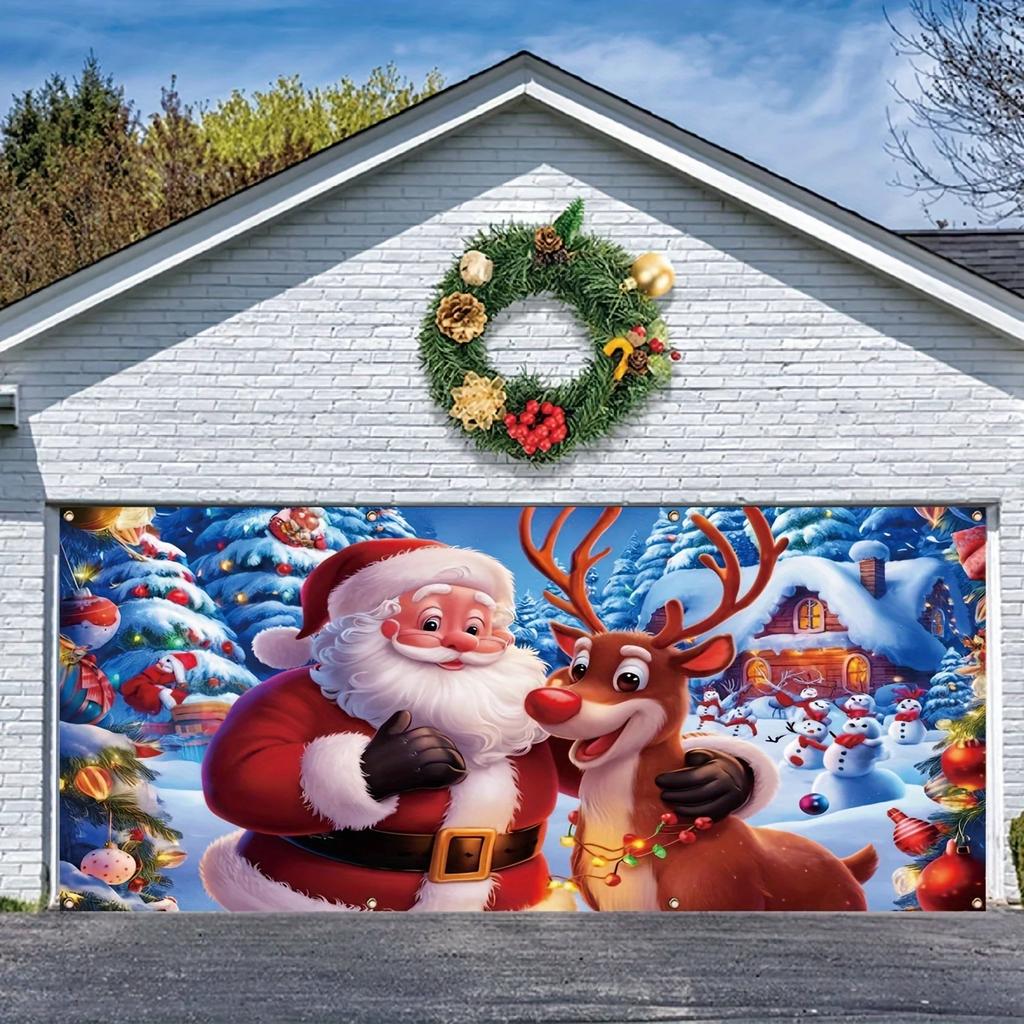 Holiday Santa Claus and Reindeer Large Outdoor Decor Banner - 157x71 inches Polyester Fiber No Power SupplyZL