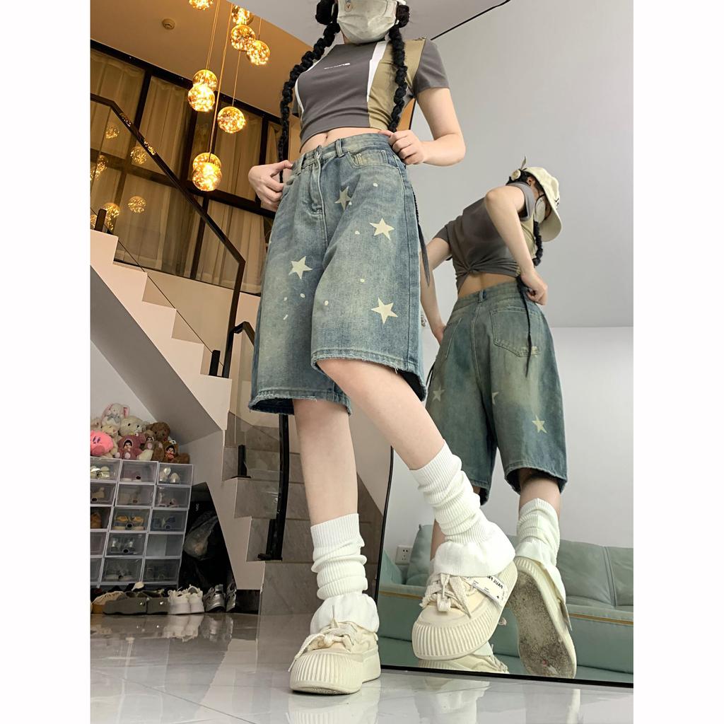 Женские джинсы с высокой талией в стиле ретро, широкие, свободные, джинсовые брюки Street Star, женские синие шорты длиной до колена