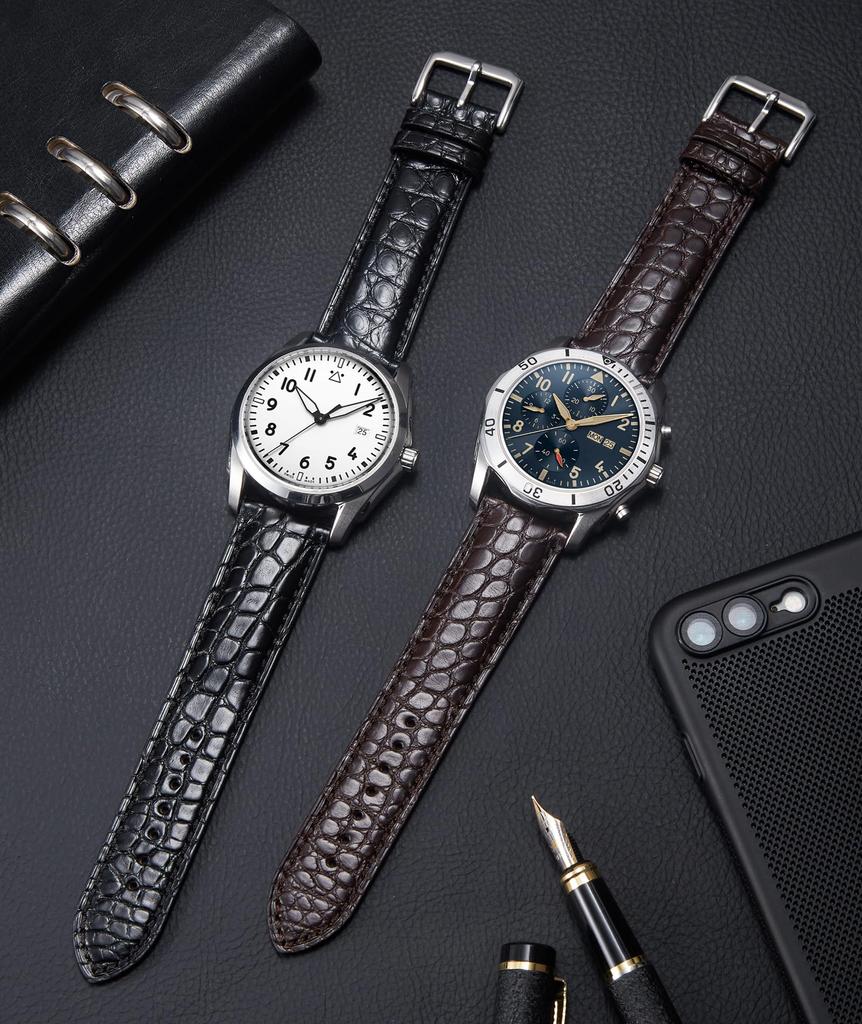 Ремешок для часов BINLUN из натуральной кожи с крокодиловым узором, быстросменный, для мужчин и женщин, гибкий, черный с серебристым узором, с застежкой, 18 мм, 19 мм,