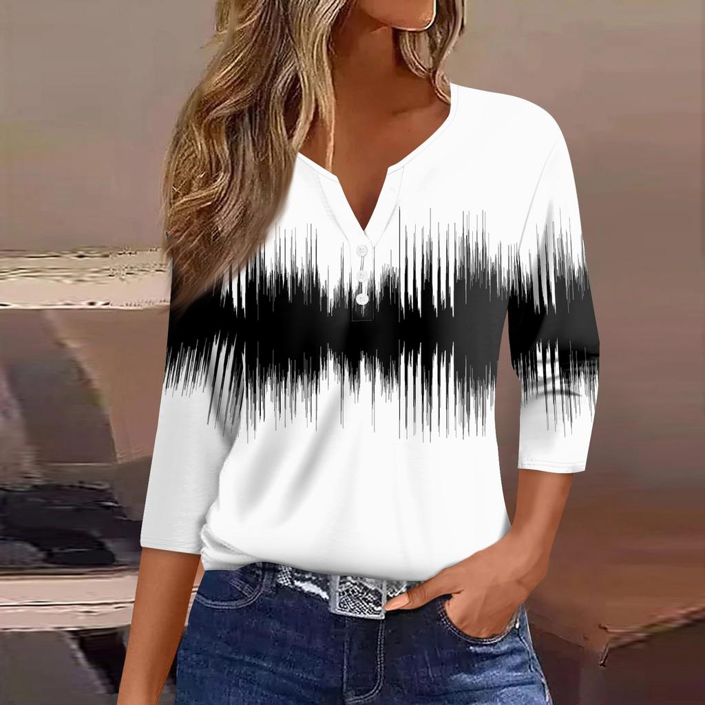 Жен. Футболка Футболка С принтом Пуговицы Рукав 3/4 Повседневные Выходные Мода Классический Классический V-образный вырез Обычный Верх