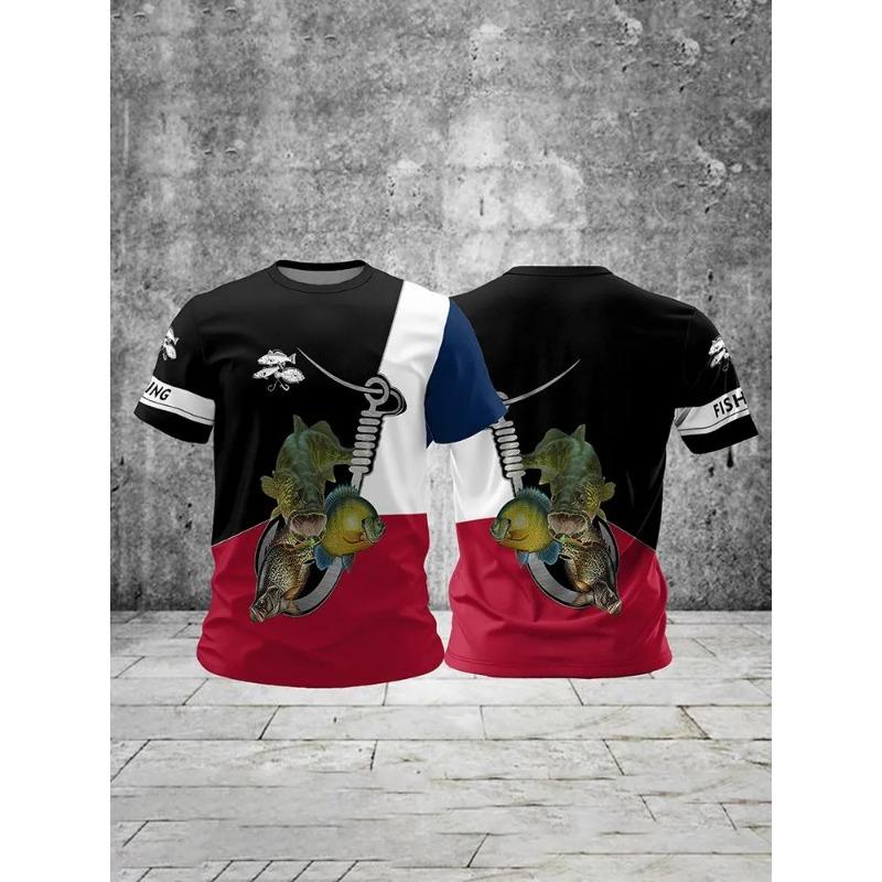 Летние мужские футболки для рыбалки и отдыха с коротким рукавом и 3D-принтом рыбы, уличные футболки в стиле хип-хоп, мужские футболки свободного кроя с круглым вырезом