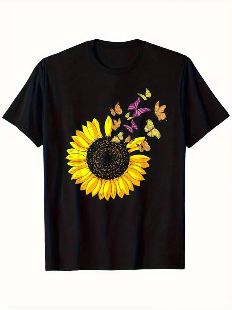 Men'S Black T-Shirt with Vibrant Yellow Sunflower & Multicolor Butterfly Floral