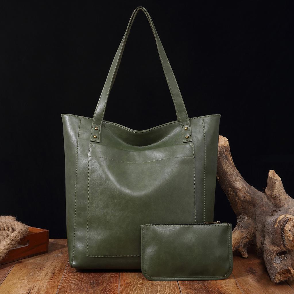 С карманом женская мягкая кожаная переносная сумка через плечо в стиле ретро с масляным воском из кожи большой емкости для