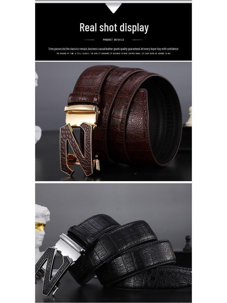 Мужской кожаный ремень с узором крокодила и автоматической пряжкой - Модный, универсальный и повседневный аксессуар для талии для брюк