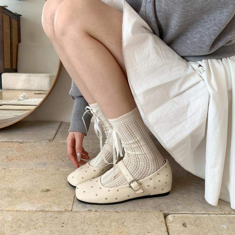 Inner Heightening Version~ Retro Gypsy Star Riveted Ballet Single Shoes Women's Spring and Autumn One-word Buckle with Shallow Mouth Mary Jane Shoes