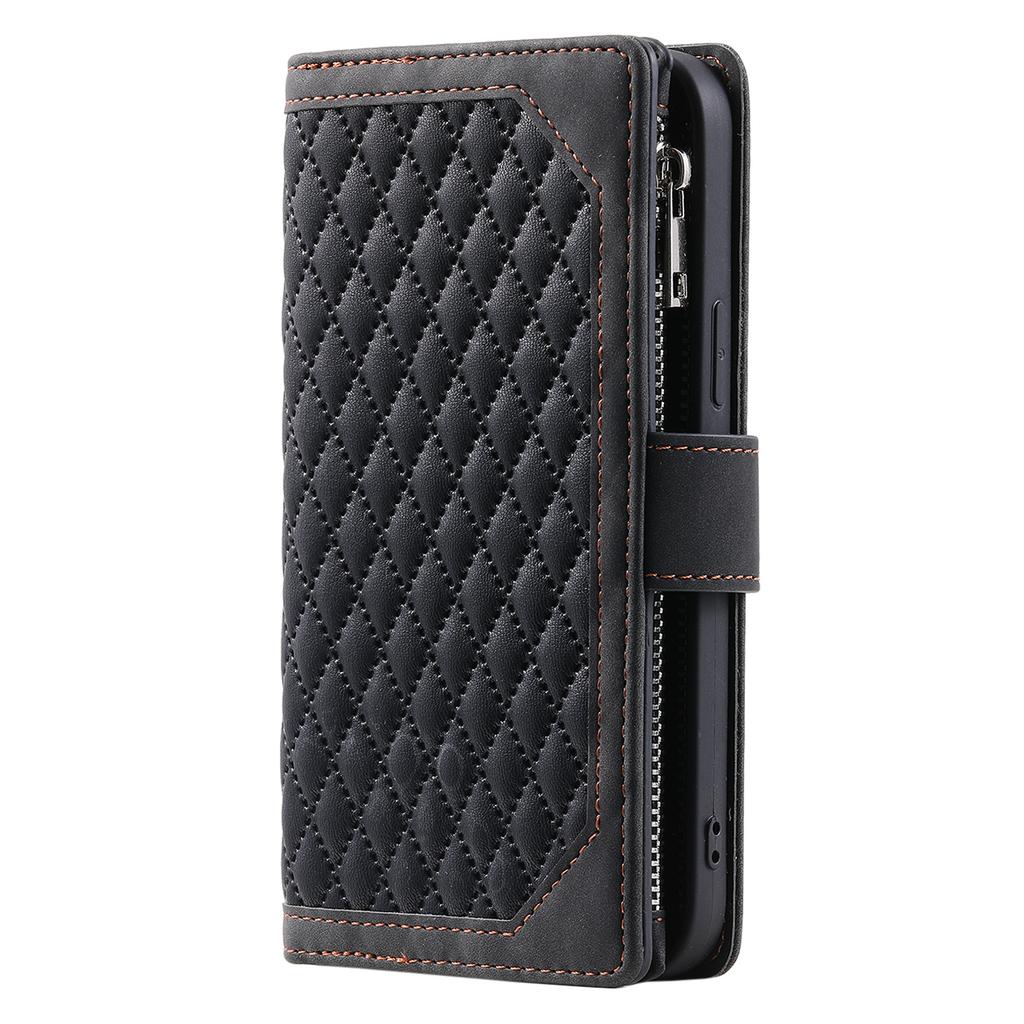 For iPhone 17 Wallet Case Rhombus Stitching Line PU Leather Phone Cover with Wrist Strap