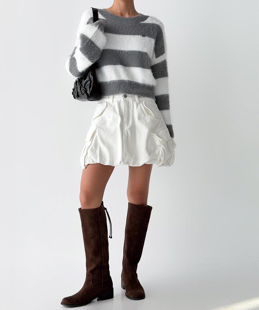 THE GREEN LAB Hairy Block Stripe Crop Knit [Gray]