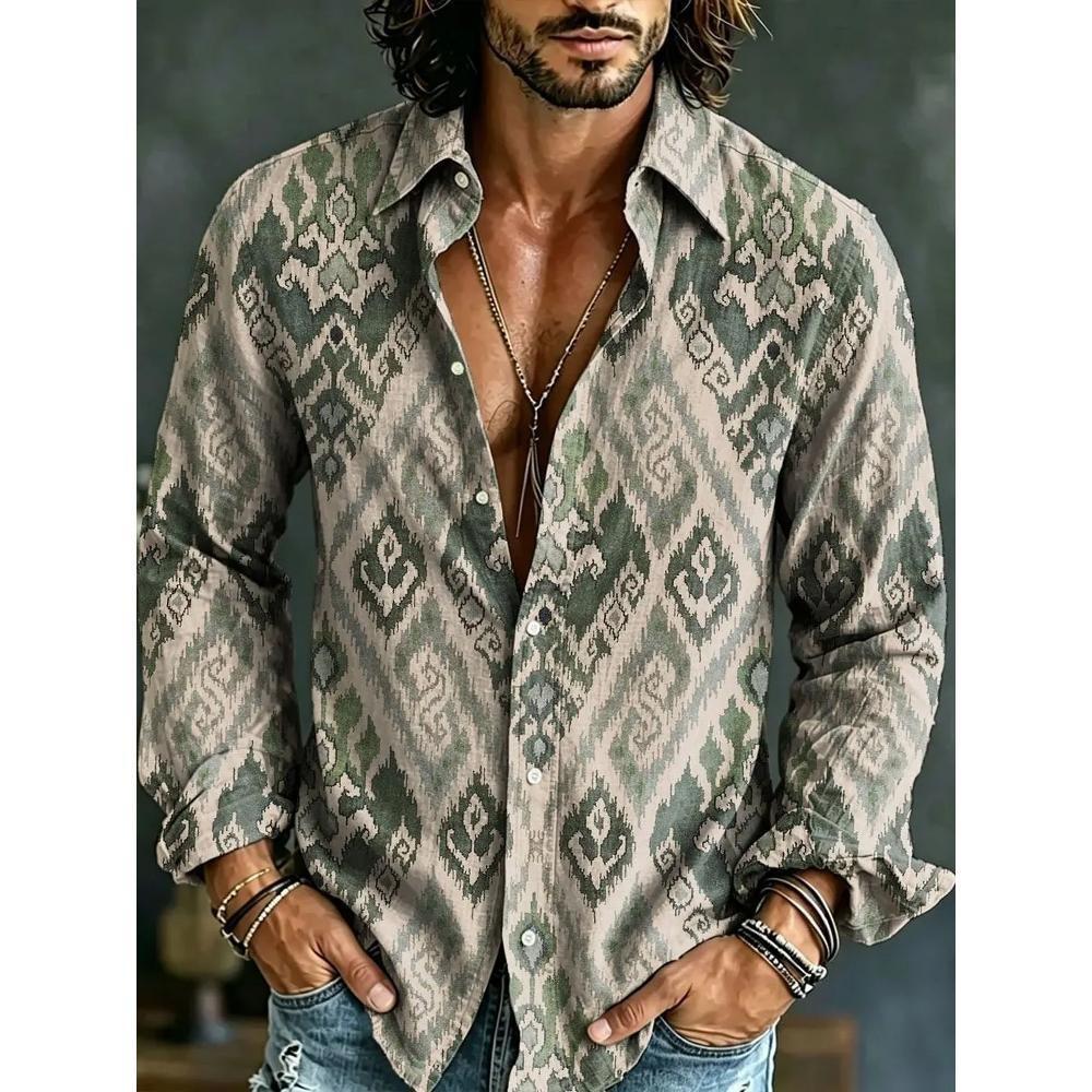 Men's 3D Art Striped Printed Shirt Casual Retro Linen Style Long Sleeved Lapel Top Fashionable and Comfortable New Plus Size