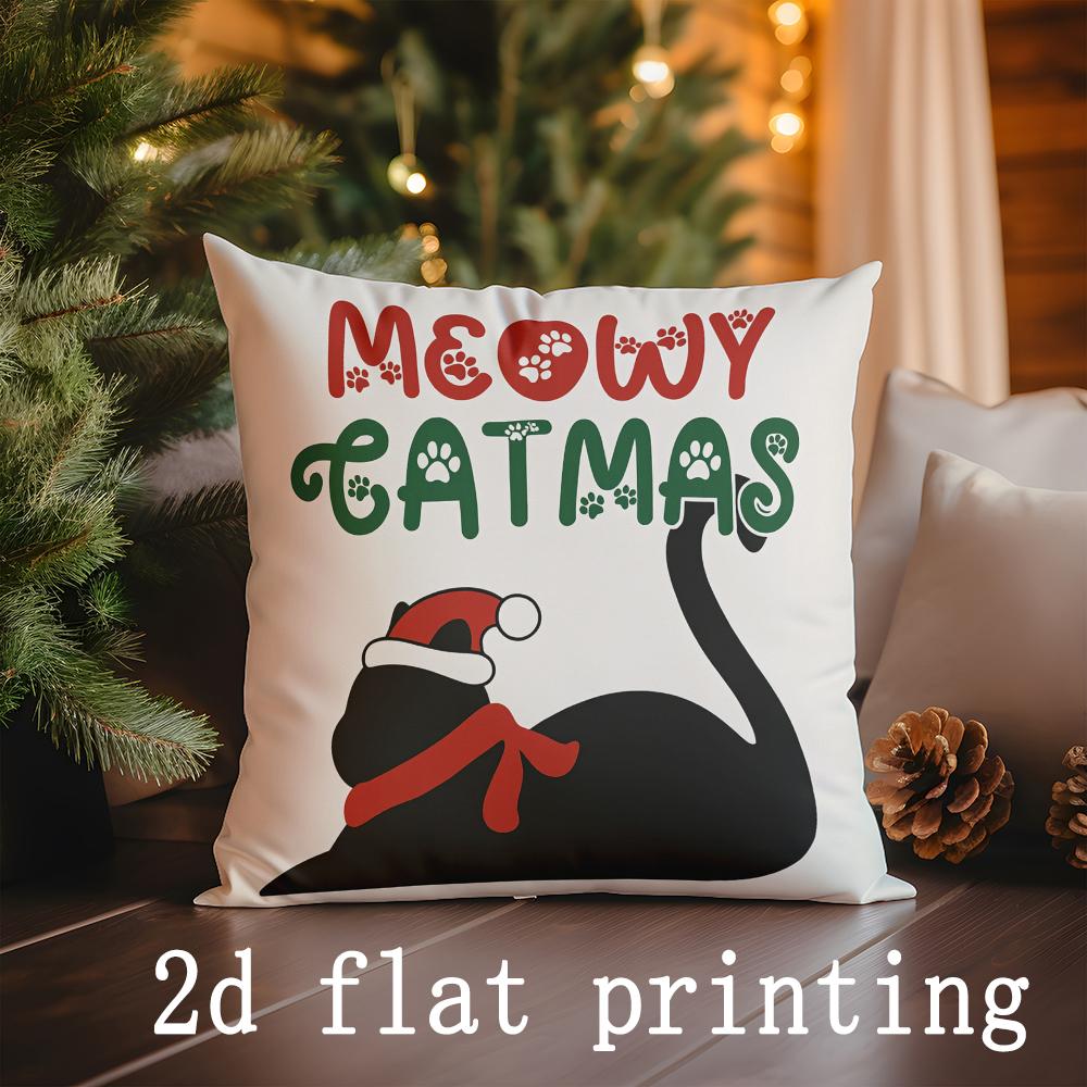 1pcs/4pcs- Christmas Cat Themed Pillowcases with Paw Prints , Square Pillow Cover, Modern Sofa Decorative Cushion Cover