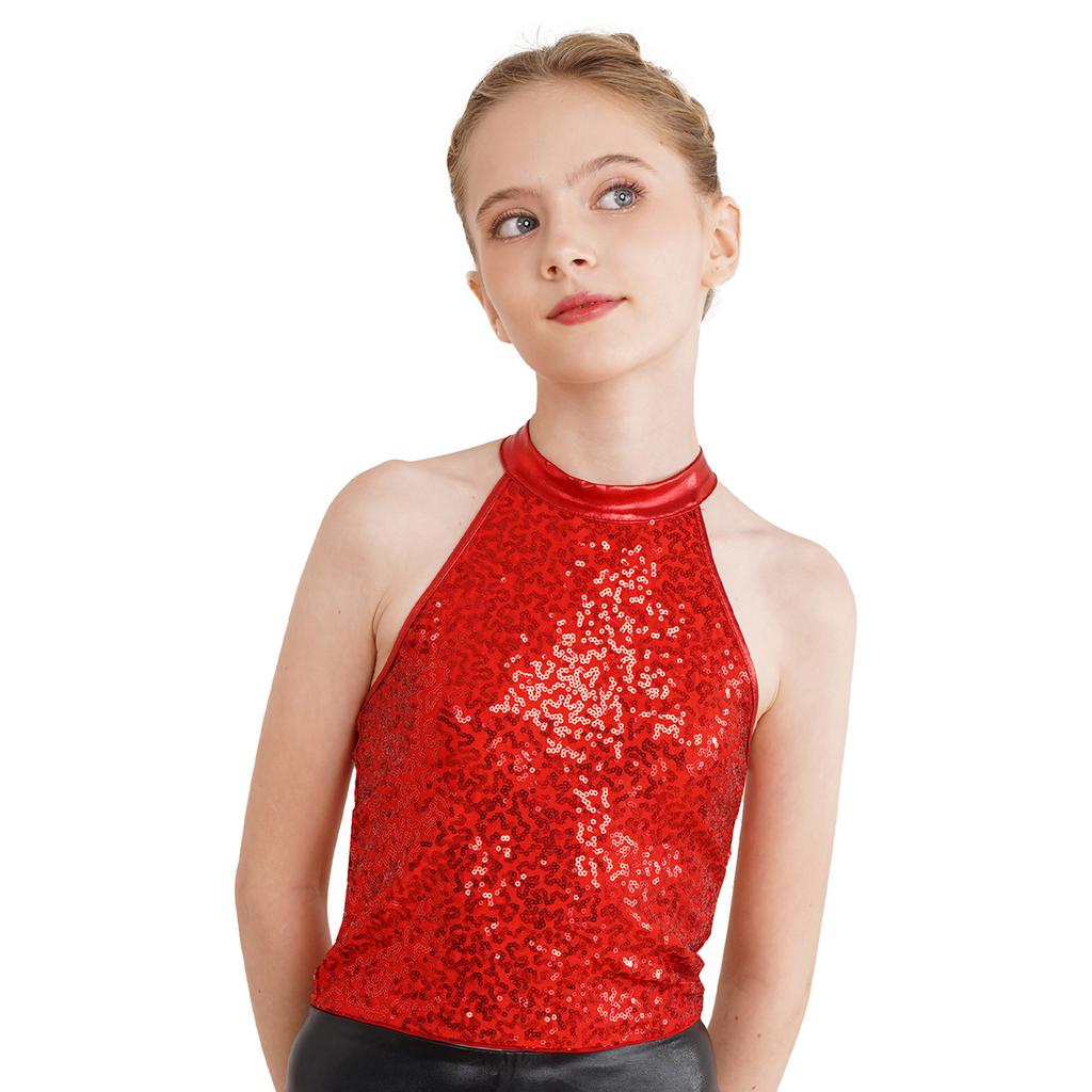 Kids Girls Sleeveless Backless Shiny Sequin Halter Crop Top for Dance Gymnastic Costume