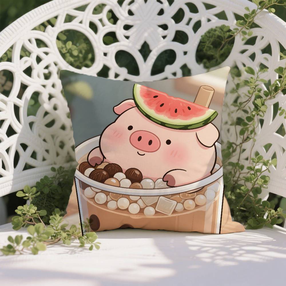 Счастливый Сопровождающий Поросенок Летний Узор Наволочка Наволочка Защита от пылевых клещей Невидимая молния Шелковистый короткий плюш Чехол для подушки дивана