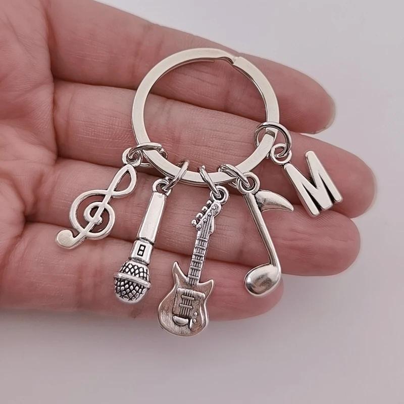 26 Letters Music Keychain Music Note Guitar Pendant Key Chain Microphone Keyring Creative Jewelry Gifts