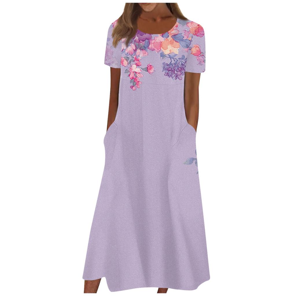 Women's Summer Casual Fashion Floral Print Short Sleeve Round Neck Pocket Dress
