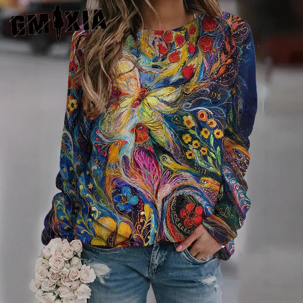 GMXIA Autumn and Winter Women's Casual Fashion Loose National Style Retro Long-sleeved Round Neck Pullover Hoodie