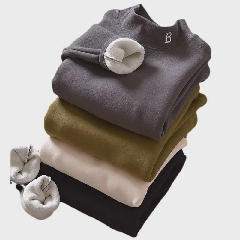 Теплая рубашка из бархата для мальчиков, осень-зима, с полувысоким воротником - утолщенная, однотонная