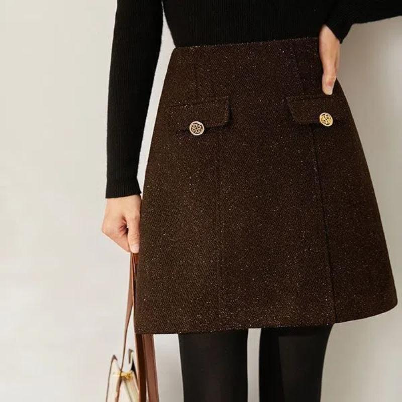 Simplicity Office Lady Autumn Winter New Women Solid Zipper Button Bright Silk Korean Fashion High Waist Short Slim A-line Skirt