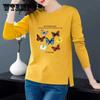 Spring & Fall Women Cotton Pullover Casual Slit T-Shirt Seven Butterfly Print Shirt Long Sleeve Bottoming Shirt