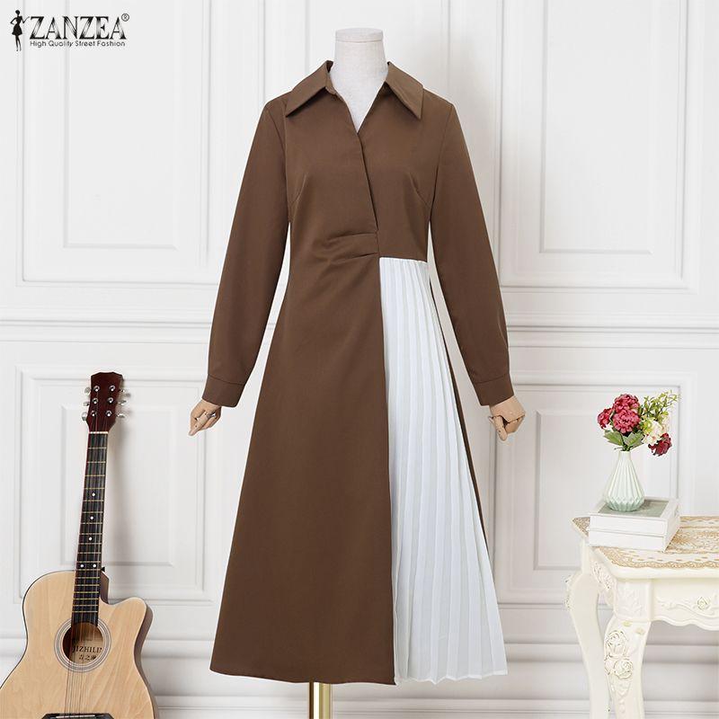 ZANZEA Женское повседневное платье свободного кроя с отложным воротником и рукавами 3/4