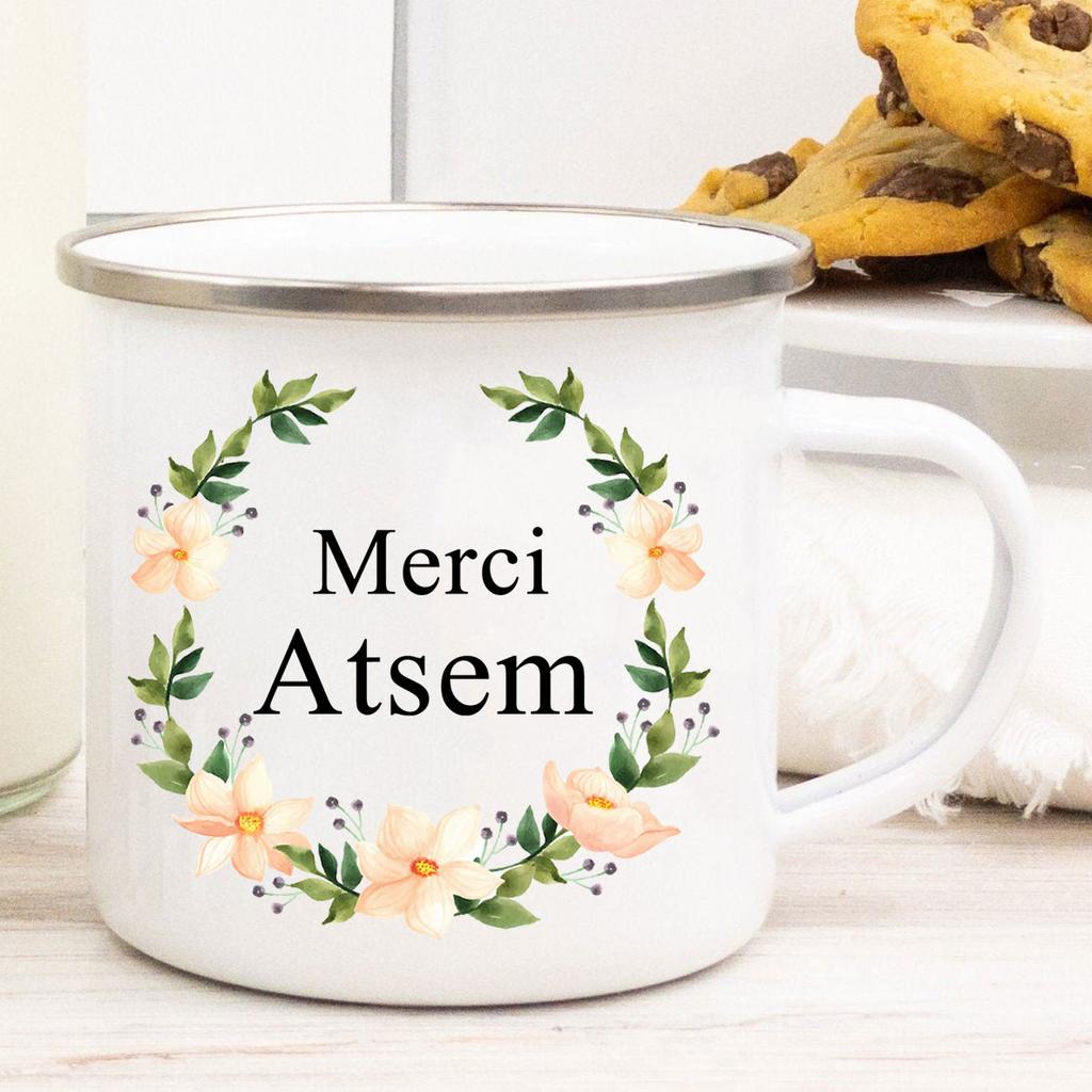 Французский Спасибо Atsem Принт Эмалированные Кружки Креативная Кофейная Кружка Напиток Сок Молоко Чашки Школа Дом Ручка Посуда Подарки Учителю