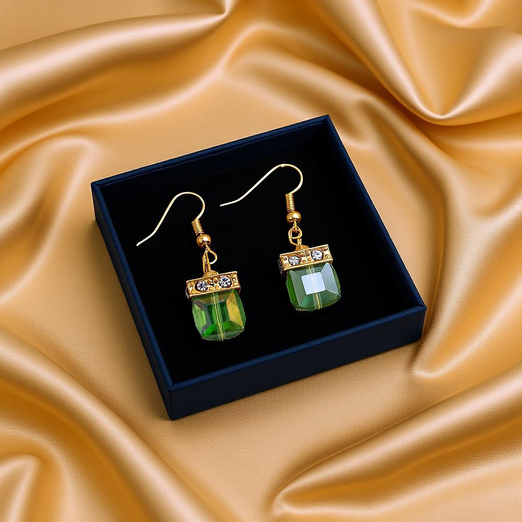 Зеленые Кристаллические Серьги-Гвоздики с Подвесками в Форме Кубиков Перидота