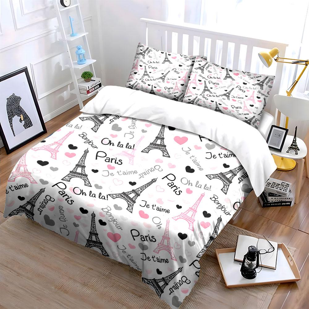 Eiffel Tower Romantic Decor Set Bedding Set with 1 Duvet Cover 2 Pillowcases Single Double King Queen, Gift