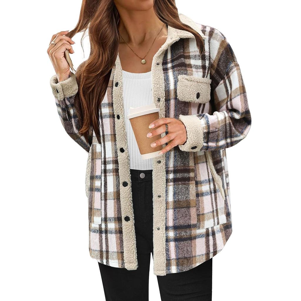 Women Long Sleeve Pullover Casual Plaid Shacket Jackets Fuzzy Fleece Button Down Open Front Jackets Outfits