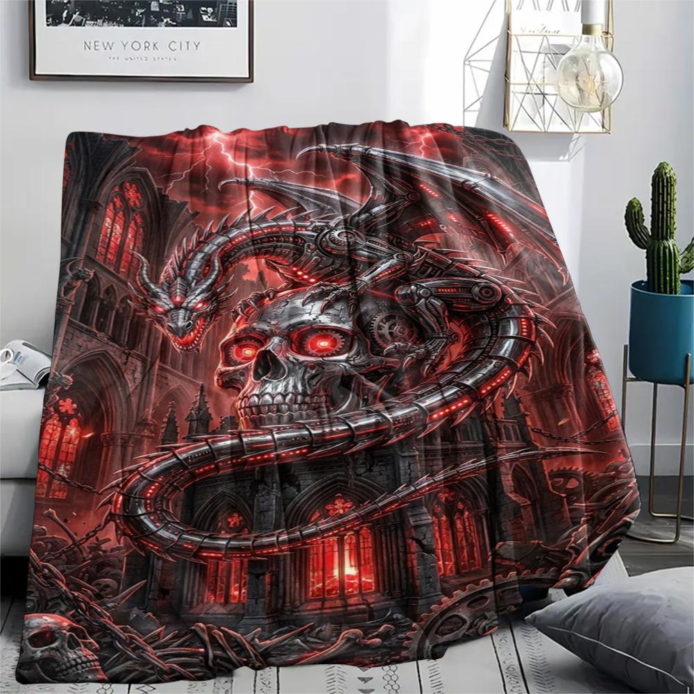 Red mechanical skull dragon Print Flannel Blanket,High quality Comfortable for All Seasons,Home Decor,Warmth and Comfort,Perfect for Christmas Gifts