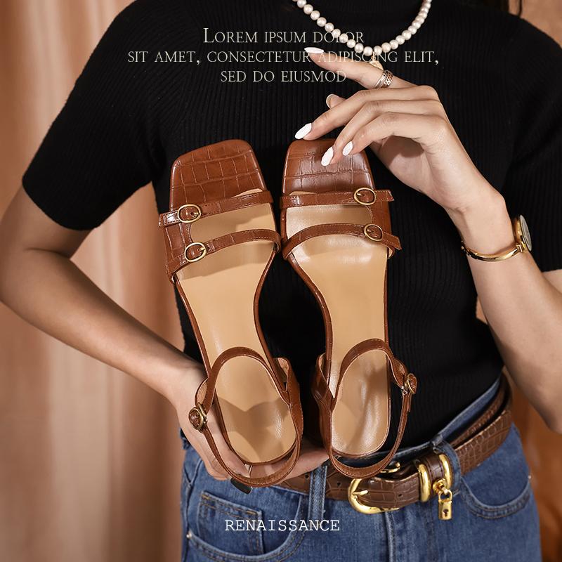 2024 Новые летние женские сандалии из натуральной кожи с пряжкой на ремешке, женские туфли, размер 33-40, однотонные, лаконичные, с обхватом щиколотки, женские туфли для вечеринок