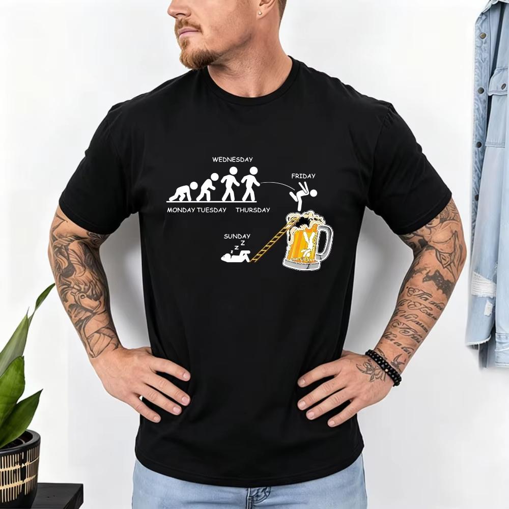 Week Evolution Jump Beer Mug Cartoon Cotton Unisex Tshirt Stick Figure Weekly Drinking Graphic Tops Funny Bar Lover Street Tees