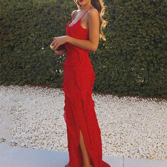 Backless Sleeveless Spaghett Strap Split Hem Patchwork Slim Fit Floor Length Solid Color Cocktail Prom Party Maxi Dress Strappy Dress