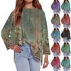 Women's Fashion Oversized Loose T-Shirt Round Neck Long Sleeve Side Slit Retro Floral Print Casual Top
