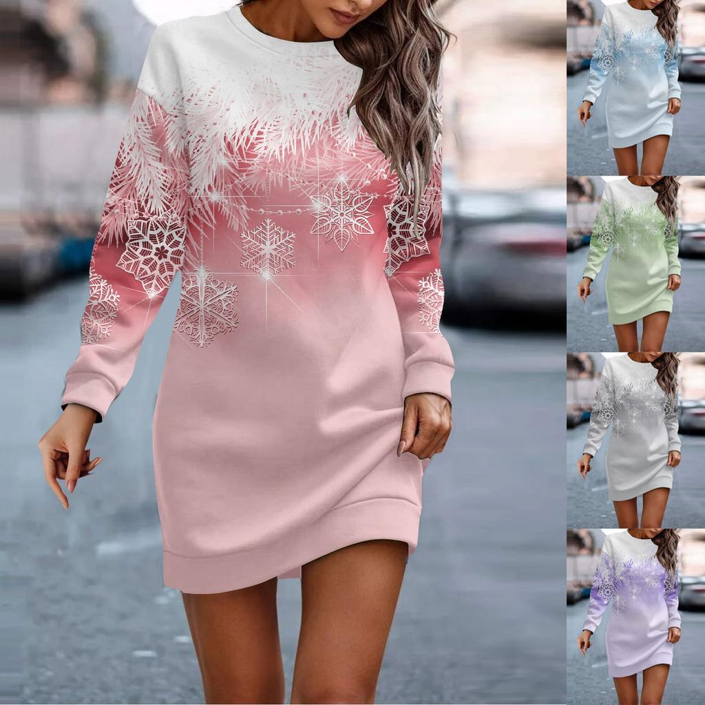 Long Sleeve Dress For Women Casual Christmas Printed Pullover Hip Pack Dress Sweater Dress Autumn