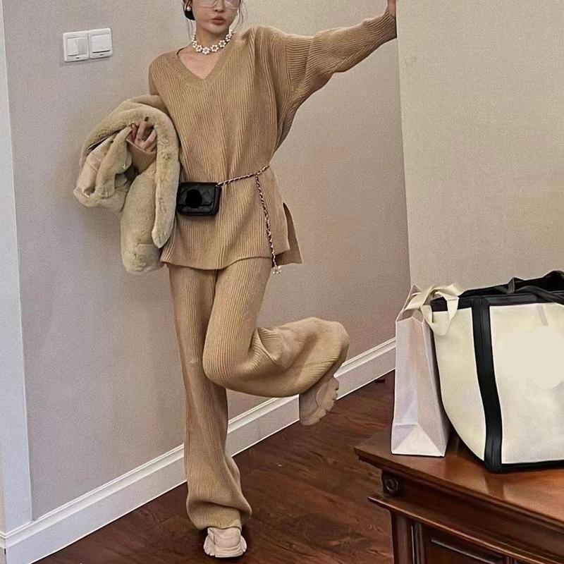 Женский облегающий вязаный костюм с напуском на весну и осень, свободный свитер с v-образным вырезом + широкие брюки с высокой талией, комплект из двух предметов