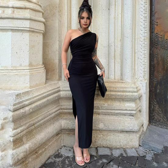 Вечернее женское платье на одно плечо, без рукавов, с наклонным вырезом, плиссированное облегающее платье-футляр, однотонное, эластичное, с разрезом подол, Клубное вечернее платье макси