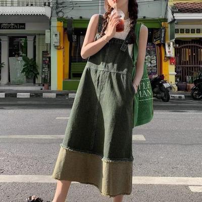 Y2k корейские джинсовые платья на бретельках 2000-х годов для женщин, большие размеры, повседневное свободное винтажное лоскутное платье в стиле ретро