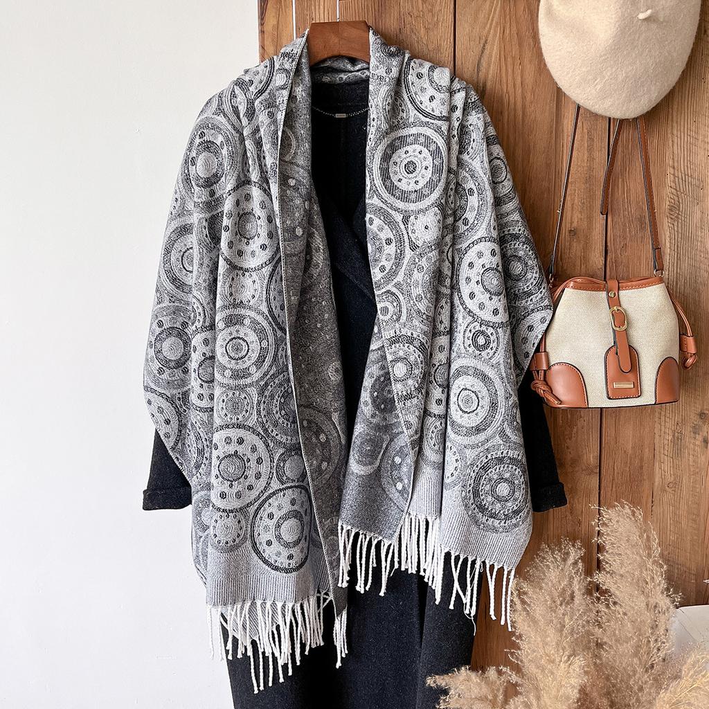 Manufacturer Cotton Scarf Shawl Circle Autumn And Winter Long Women'S Warm Fringed Jacquard Shawl Dual-Purpose Shawl