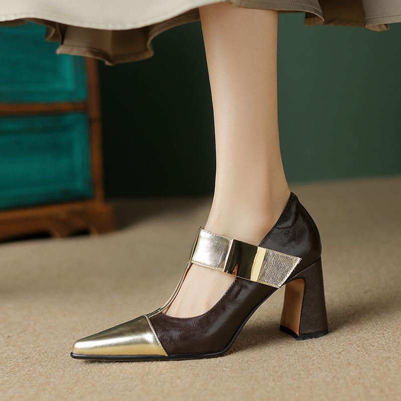 2024 Весна Мэри Джейн Женские Туфли Туфли-лодочки с острым носком и толстым каблуком Туфли из натуральной кожи для женщин Элегантные туфли на высоком каблуке с пряжкой