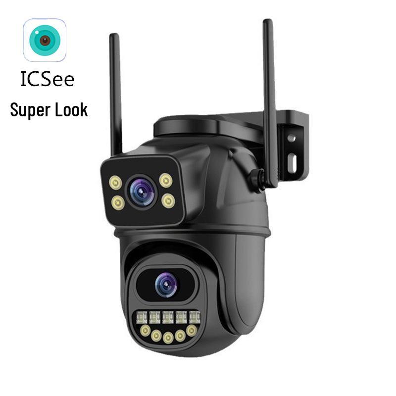 Беспроводная WiFi камера iCSee с двумя объективами, цветным HD ночным видением и возможностью удаленного мониторинга через мобильное приложение для улицы
