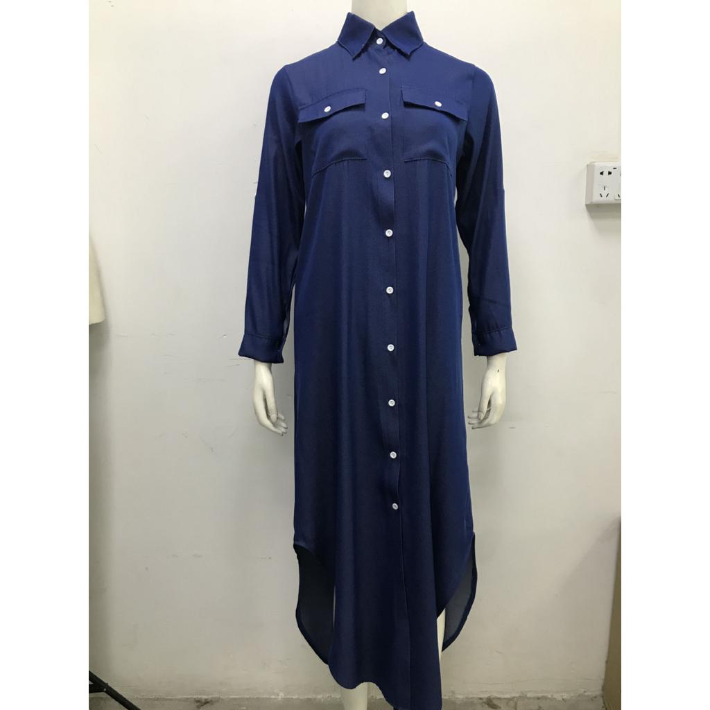 Женское длинное свободное платье-рубашка с длинными рукавами, лацканами, пуговицами и карманами