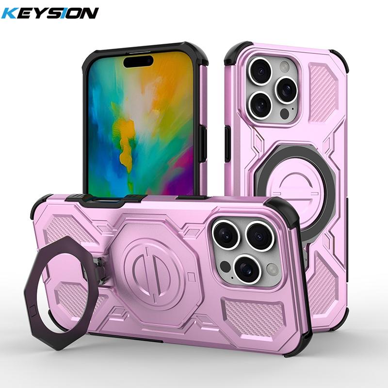 KEYSION Противоударный магнитный чехол для iPhone 16 Pro Max с вертикальной металлической подставкой-кольцом для просмотра в реальном времени, чехол для телефона для iPhone 15 Pro Max