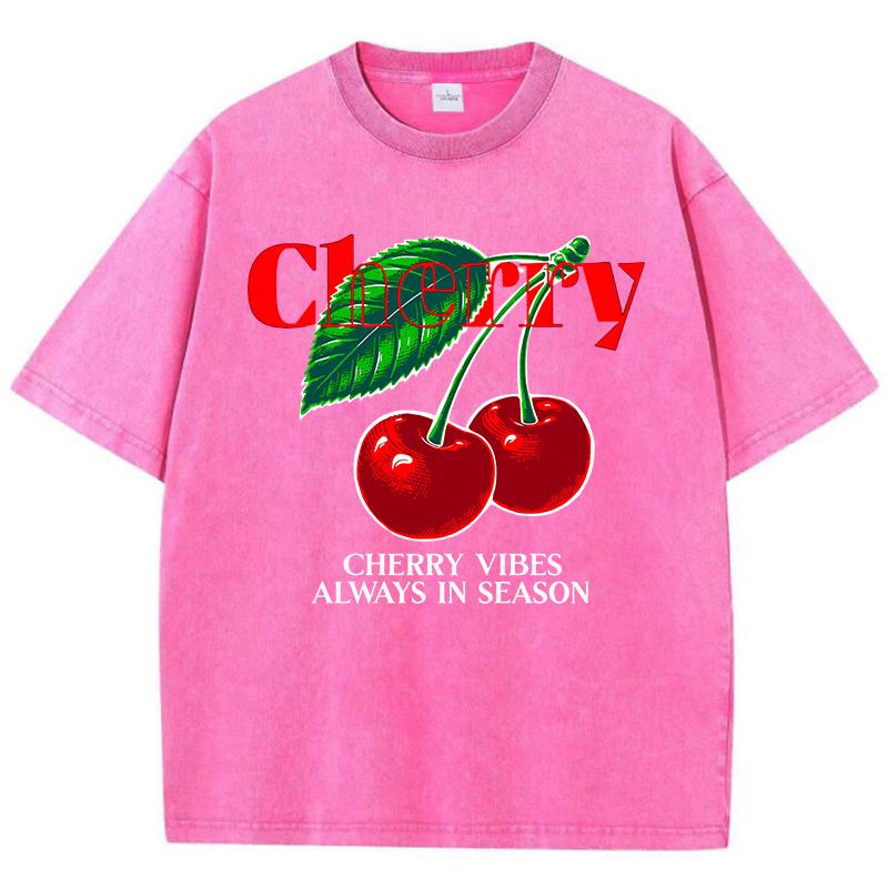 Повседневные женские футболки с кислотной стиркой, принты Cherry Vibes Always In Season, футболки с эффектом потертости, оверсайз, из хлопка, с коротким рукавом