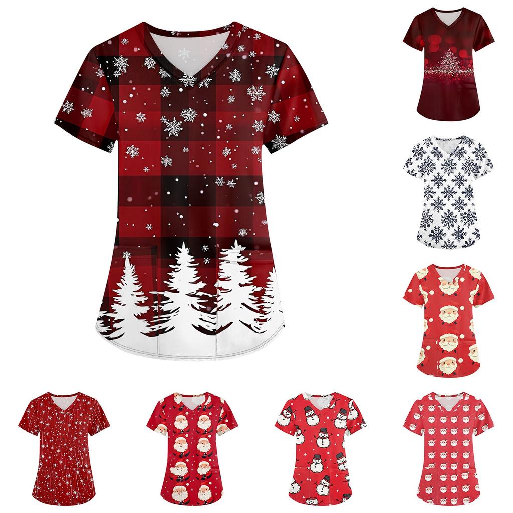 Plus Size Printed Scrub Working Uniform Tops For Women's Cross V Neck Christmas Print Short Sleeve Fun T-Shirts Workwear Tee With Pockets