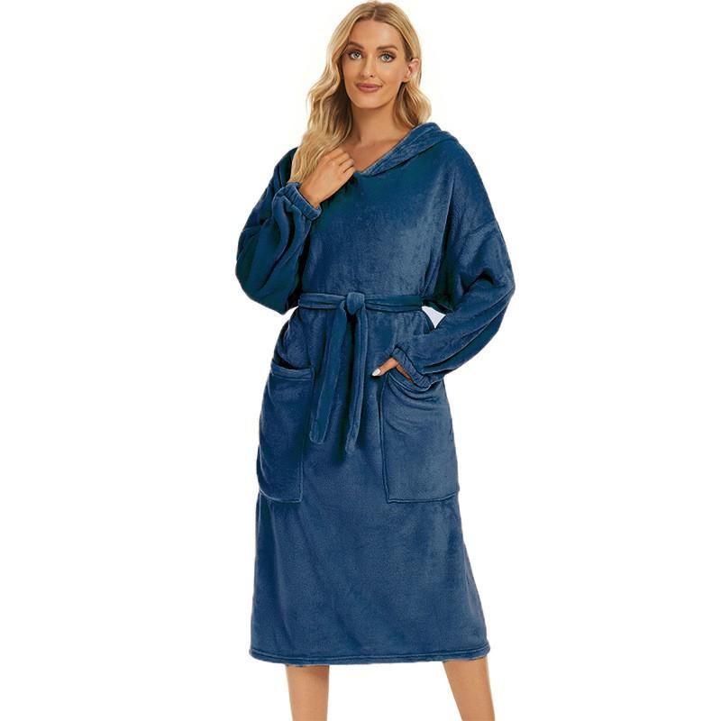 Winter Fleece Hooded Bathrobe Long Sleeve Warm Loungewear Women