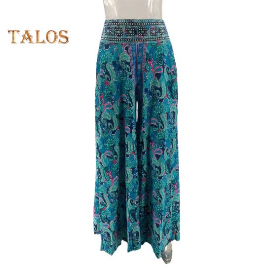 Women Summer Casual Pants Wide Leg Elastic High Waist Long Pants Retro Printing Culottes Loose Fit Flowy Trousers Streetwear