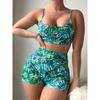 Green Leaf Print 2 Piece Swimsuit Women,2024 High Waist Bikini Tankini,summer Beach Vacation U-neck Suspender Backless Swimwear