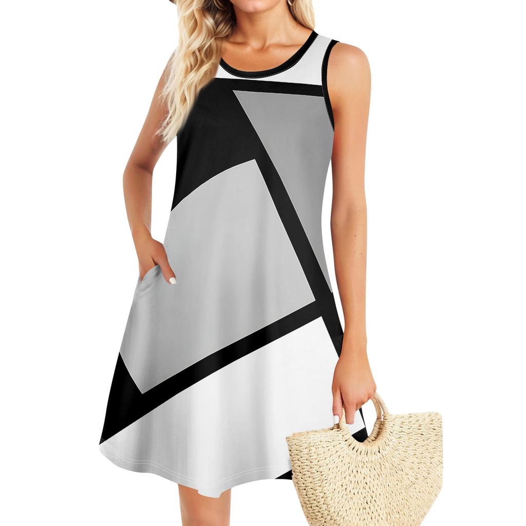 Летние платья для женщин Пляжный Бохо без рукавов Винтажный принт Футболка с карманами Сарафаны-майки