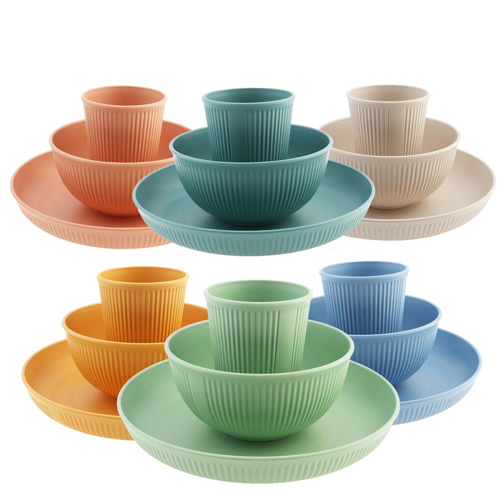 18 шт. Портативные дорожные пластиковые тарелки и миски, набор столовых приборов, вертикальные многоразовые наборы посуды для пикника, кемпинга, поездок, школы