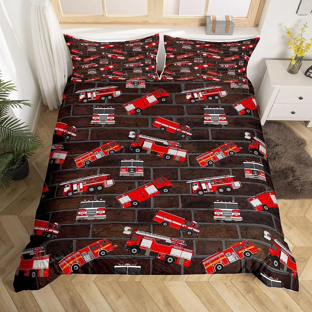 Fire Truck Duvet Cover Twin Queen Size,Kids Cute Car Road Traffic Print Comforter Cover Cartoon City Map Firefighter Bedding Set